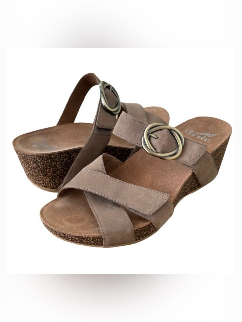 Dansko Taupe Crisscross Wedge Sandal with Decorative Buckle